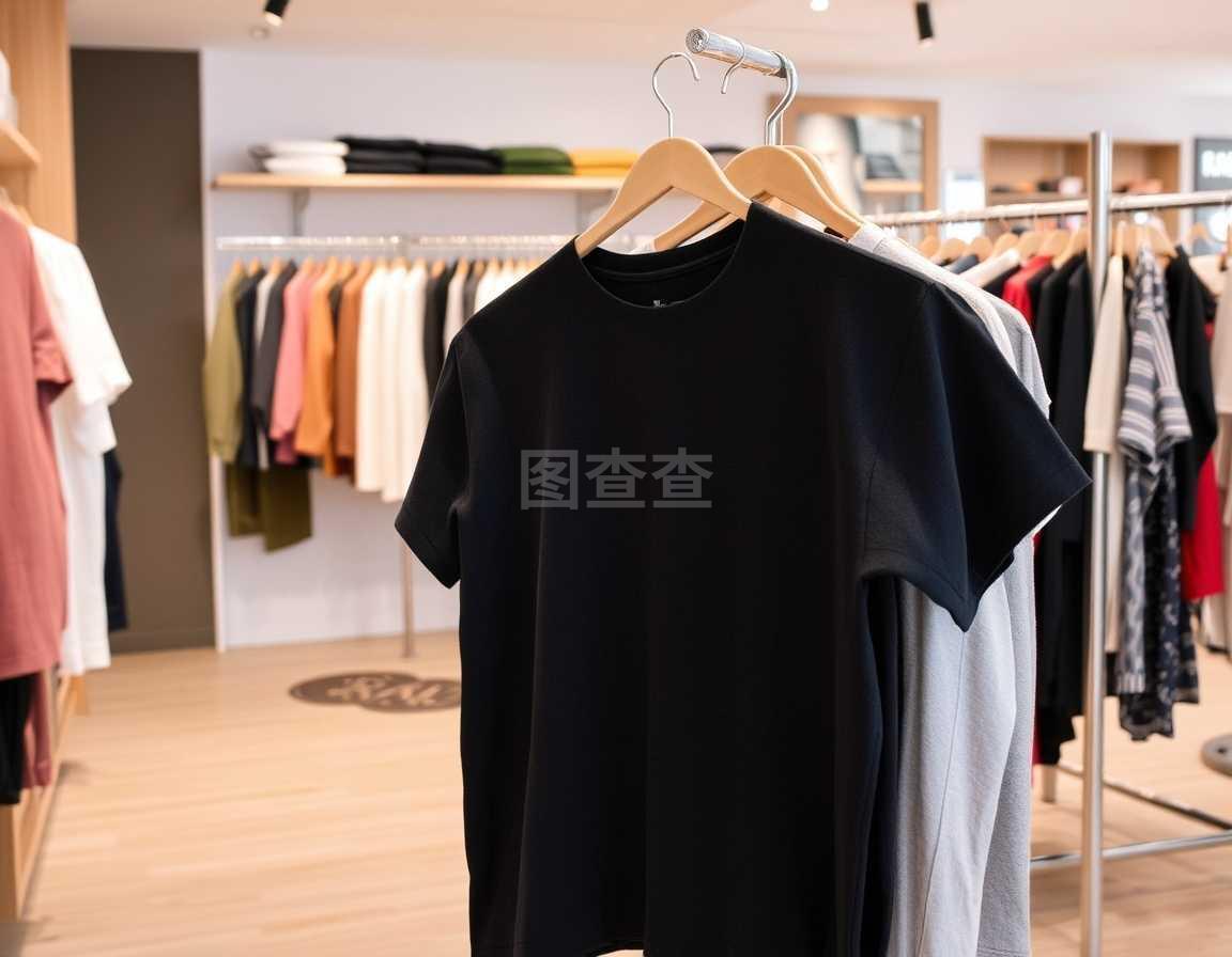 衣服和零售商店景觀,帶T恤的商店